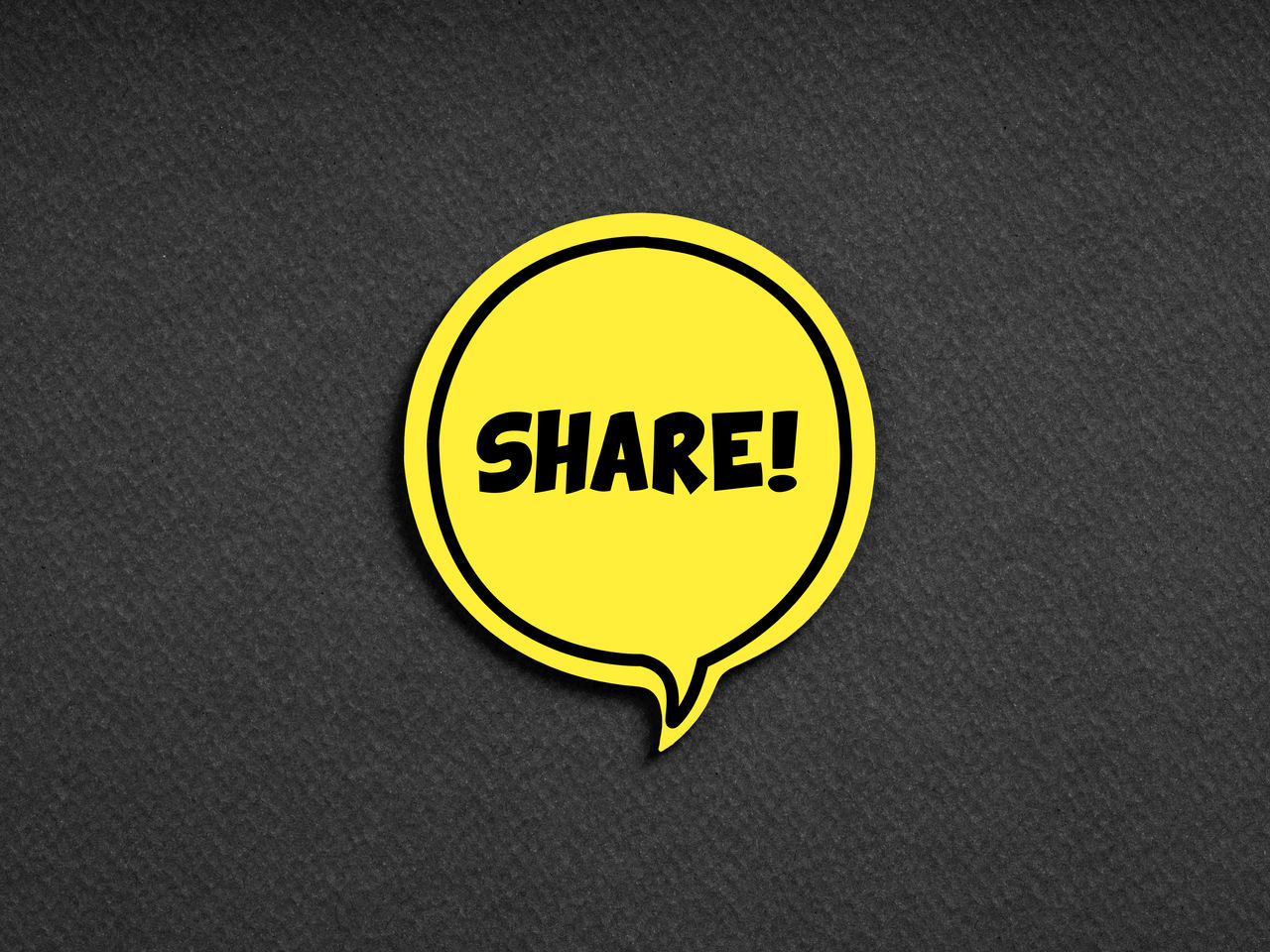 The word share on yellow speech bubble on black background. Information sharing on social media concept.